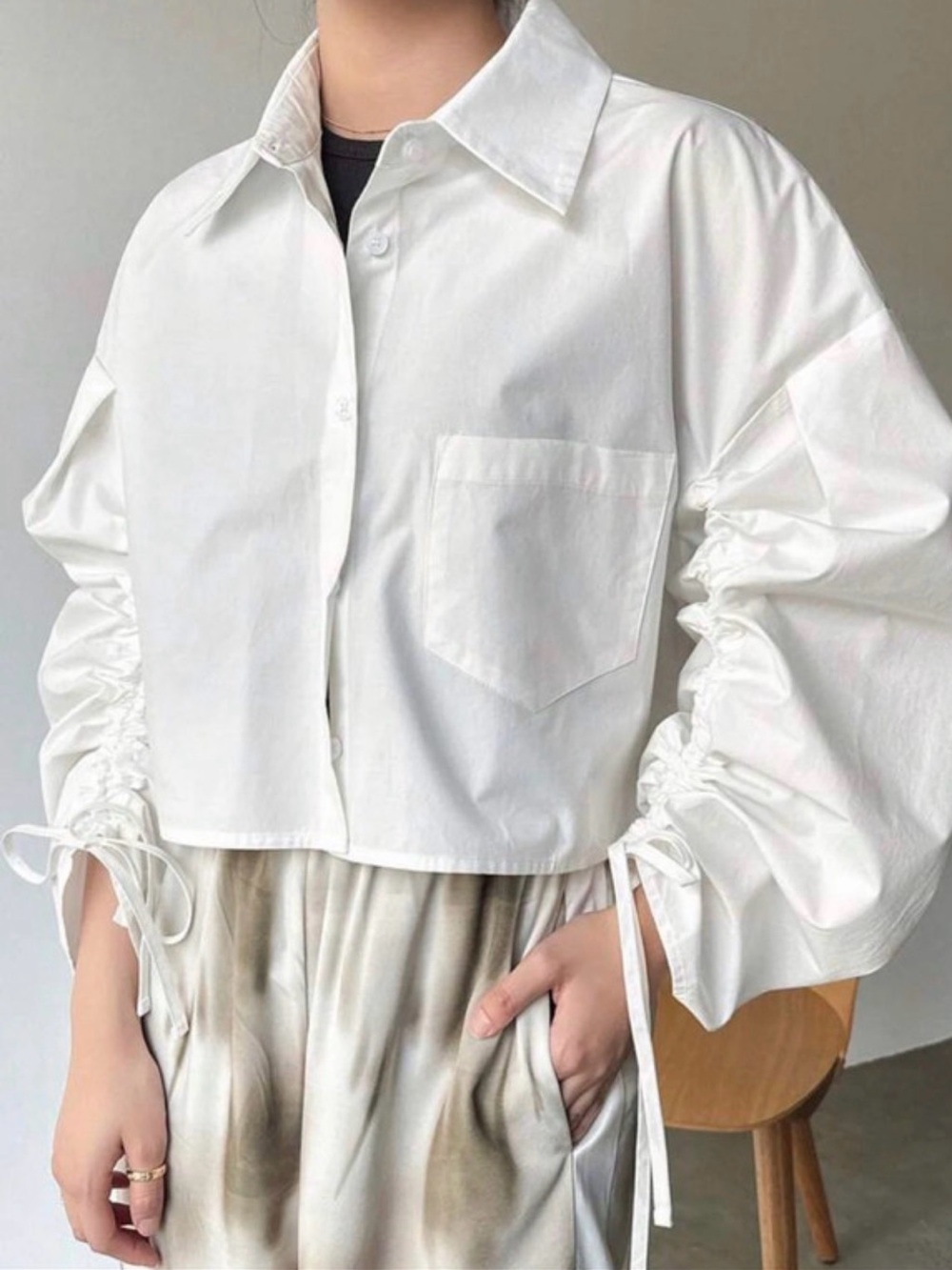 Cropped White Ruched-Sleeve Button-Down Shirt